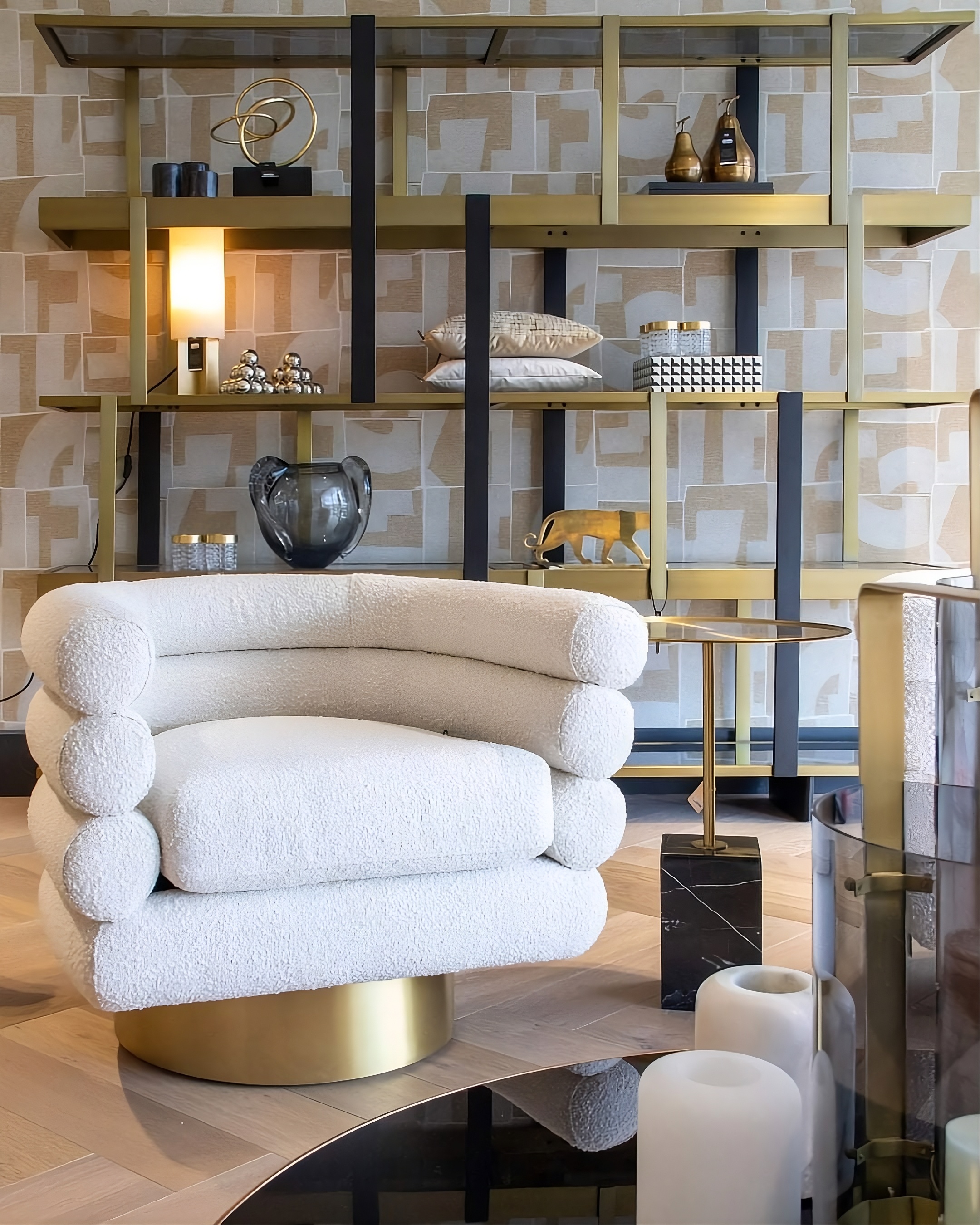 Kasa Oliveira bouclé chair in styled interior