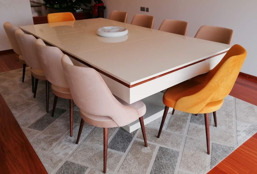Cream table with mustard velvet chairs